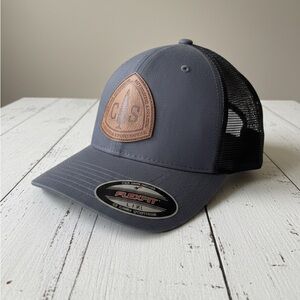 Columbia Leather Patch Trucker Hat Navy Blue Pine Tree Flexfit L/XL
